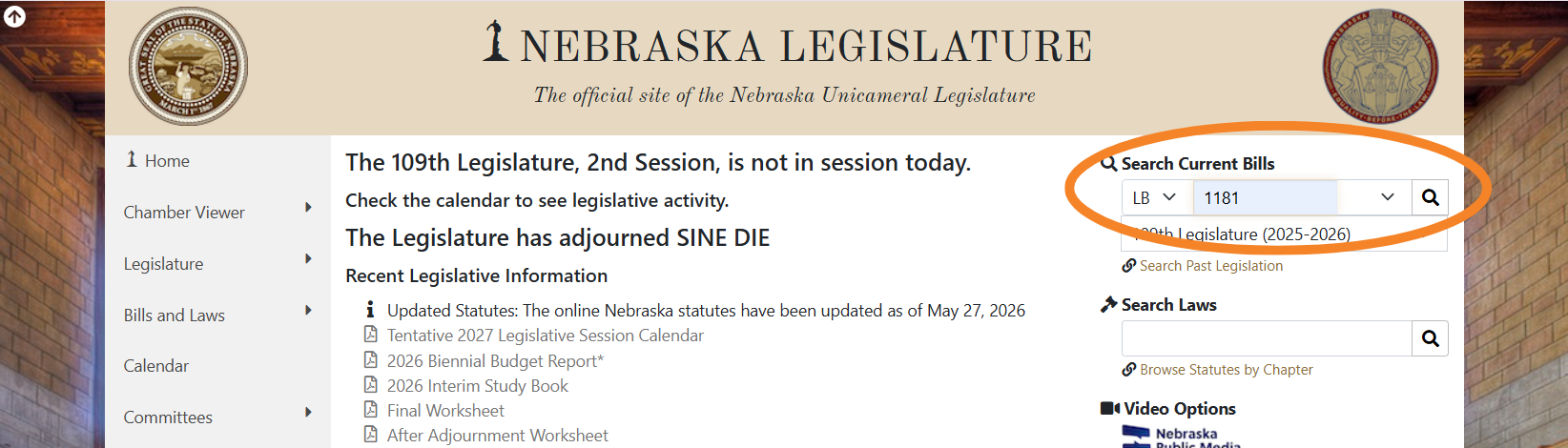 screenshot of Nebraska Legislature homepage with a circle around the bill search feature int he upper right corner of the page